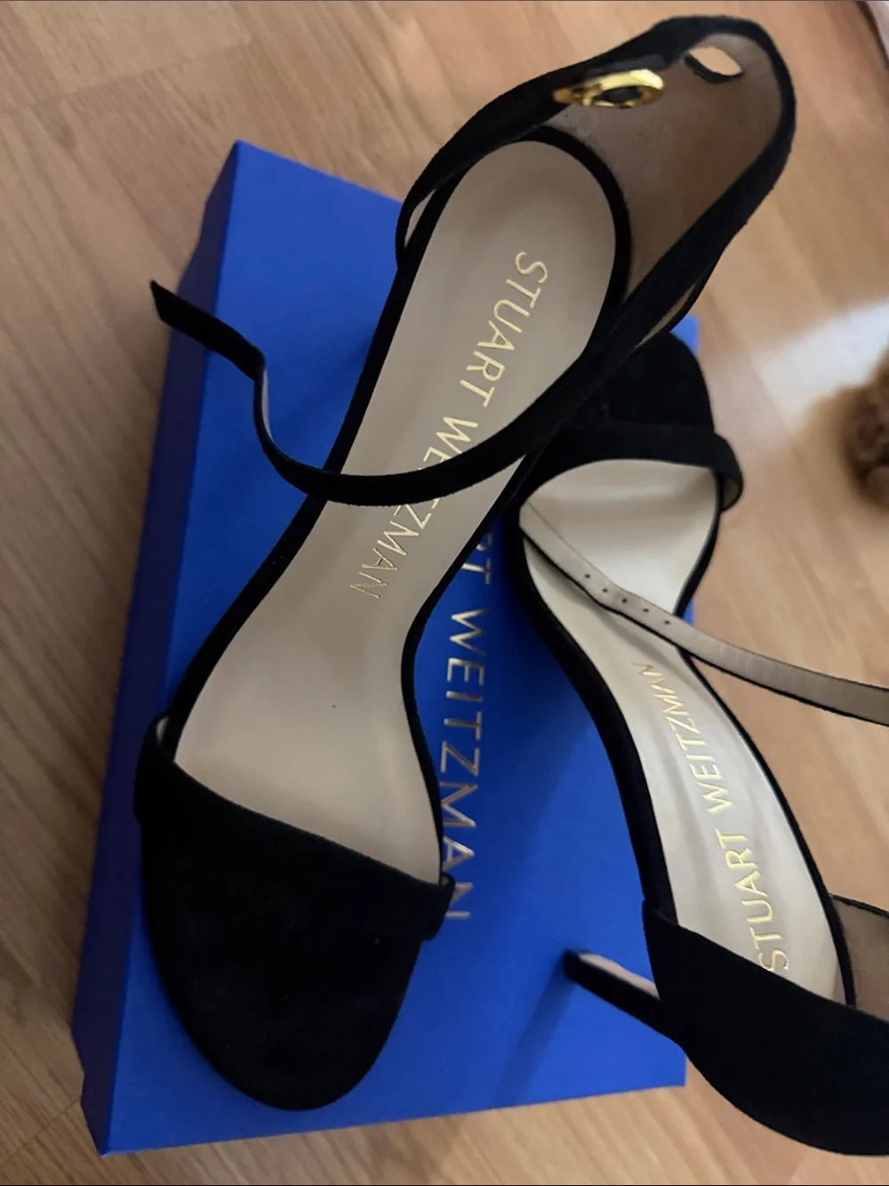 Stuart Weitzman Black Suede Ankle-Strap Heels with Gold Buckle